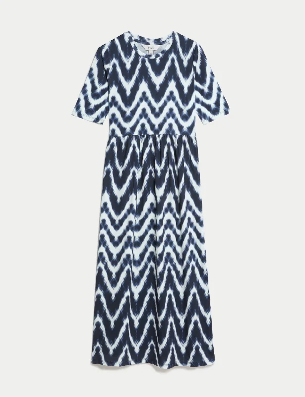 Pure Cotton Geometric Midi Waisted Dress Tunics Evening elegant