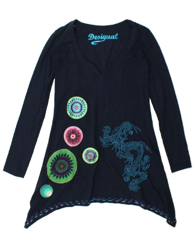 DESIGUAL Womens Graphic Asymmetric Tunic Dress UK 12 Medium Navy Blue Tunics Luxurious premium