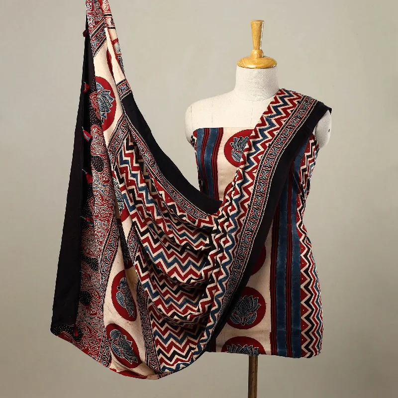 Multicolor - 2pc Modal Silk Block Print Ajrakh Dress Material 09 Tunics Fleece cozy