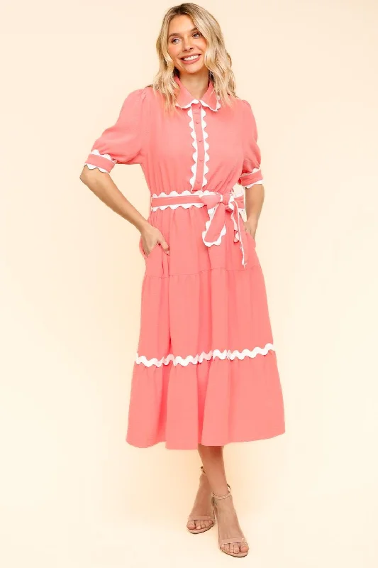 PEACH COLLARED BUTTON DOWN WOVEN DRESS W/ POCKETS sweetheart Neckline Romantic