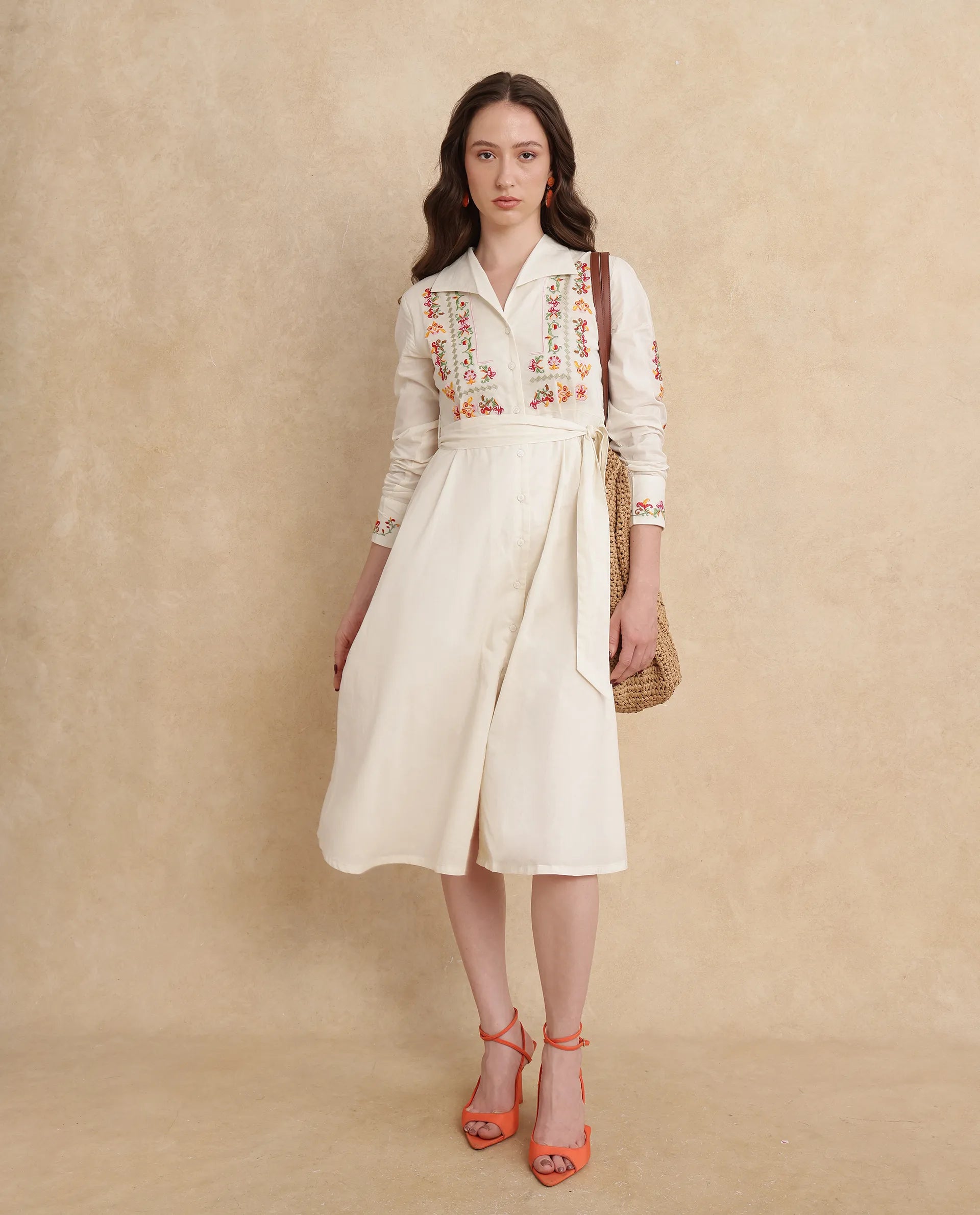 Rareism Women Ronaq Off White Cotton Fabric Cuffed Sleeve Collared Neck A-Line Midi Plain Dress Tunics Canvas sturdy Rareism Women Ronaq Off White Cotton Fabric Cuffed Sleeve Collared Neck A-Line Midi Plain Dress Tunics Canvas sturdy