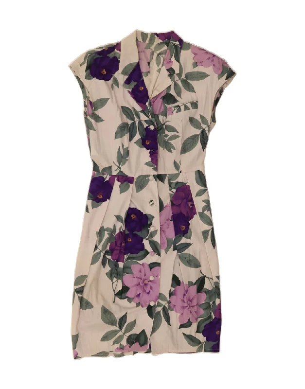 VINTAGE Womens Sleeveless Sheath Dress UK 12 Medium Off White Floral Tunics Summer linen