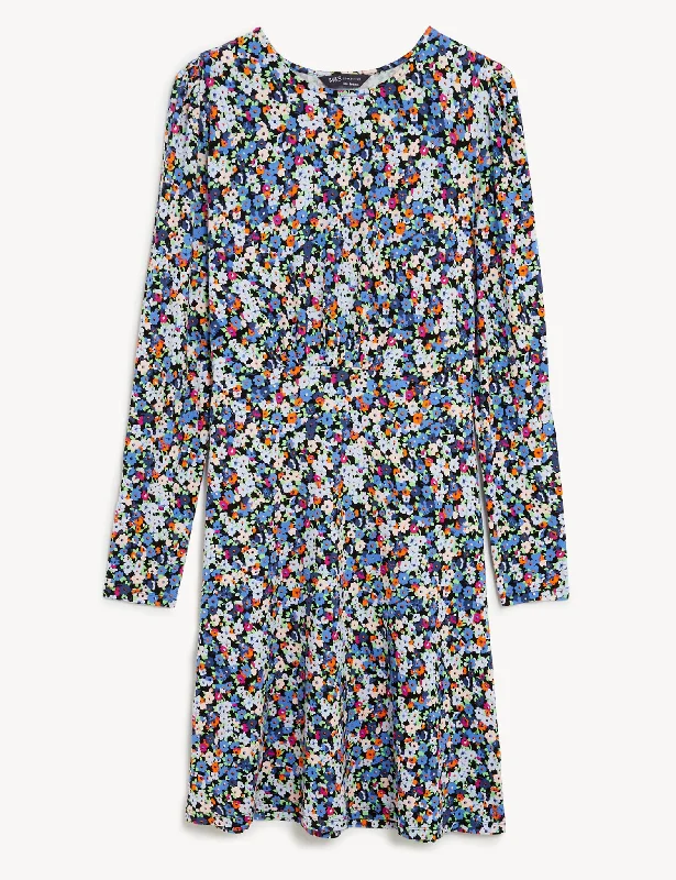 Jersey Printed Round Neck Mini Skater Dress Tunics Chic elegant