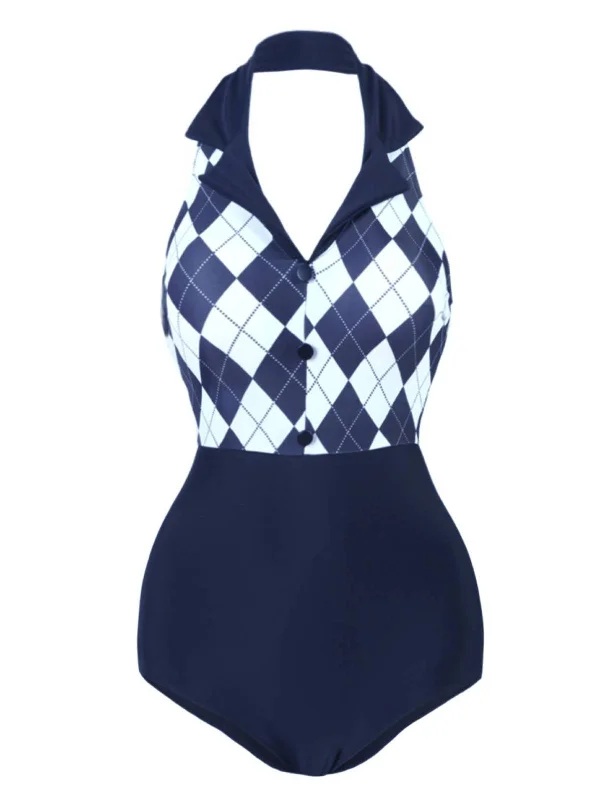 Navy Blue 1930s Halter Plaid One-Piece Swimsuit Solid Color Swimsuit