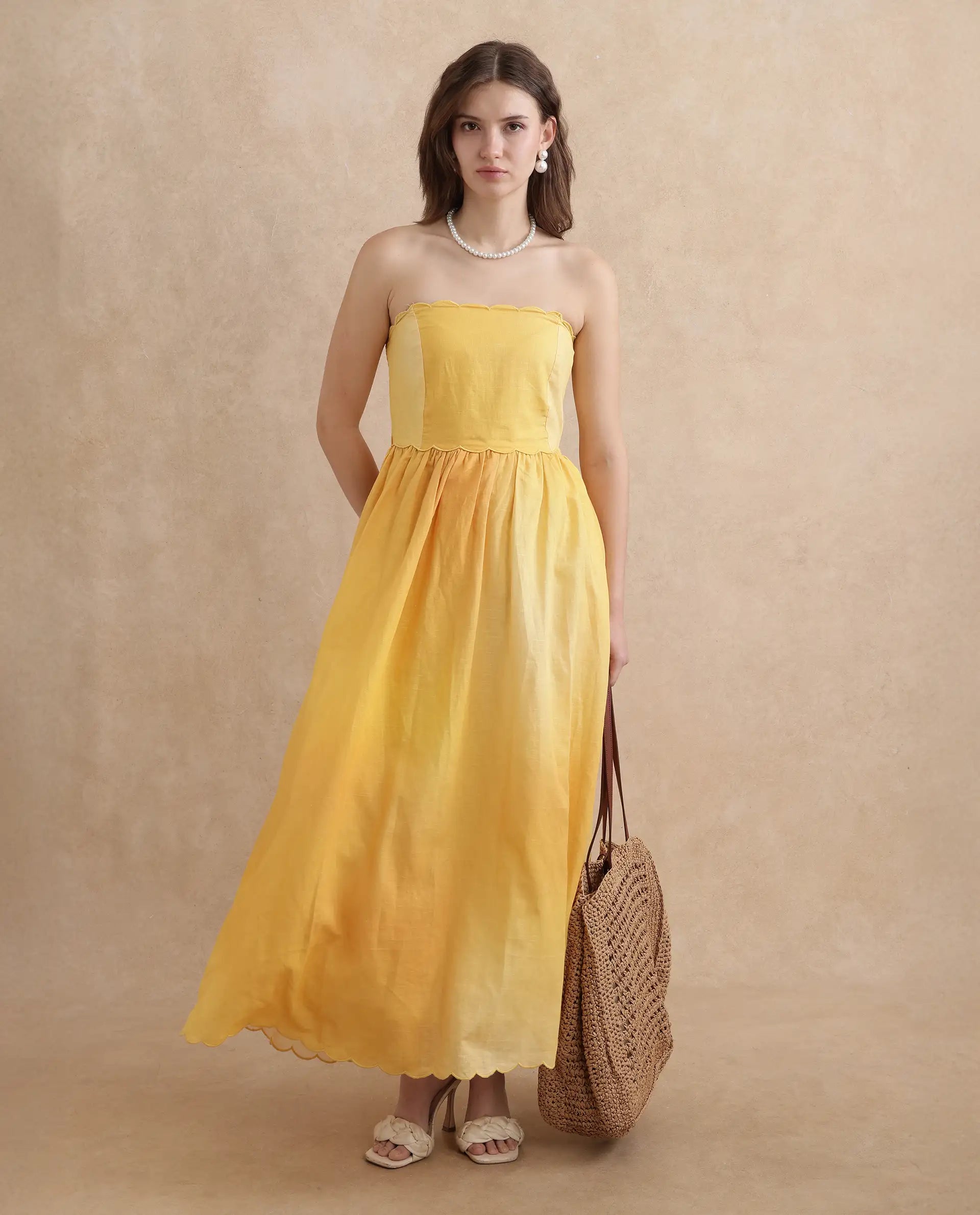 Rareism Women Janholo Light Mustard Cotton Linen Fabric Sleeveless Fit And Flare Midi Ombre Dress Tunics Cozy comfortable
