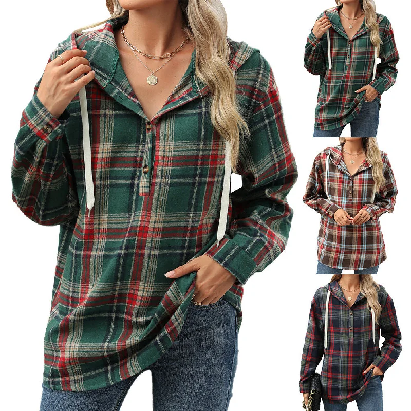 Fashion Plaid Print Hooded Sweatshirt With Button Loose Long Sleeve Hoodies Leisure Sports Top For Womens Clothing Hoodie with Thumb Holes Functional Cozy