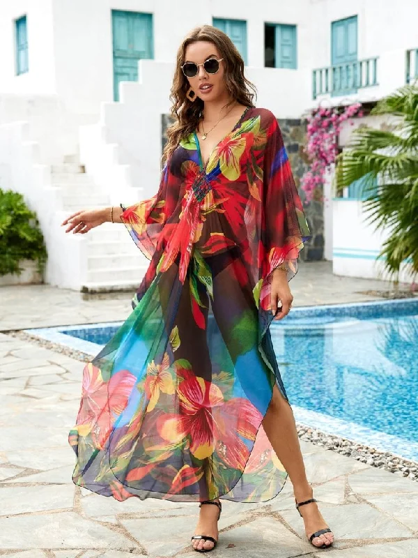 Flower Print Plus Size Kaftan Swimsuit Cover Up V-Neck Swim Dress