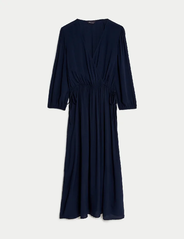 V-Neck Midi Waisted Dress Cowl Neckline Elegant