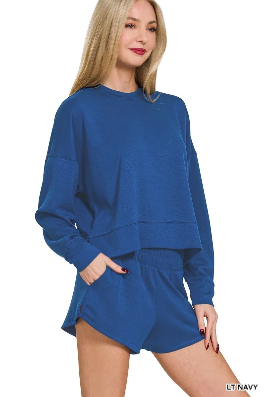 Scuba Sweatshirt in Mid Blue Hoodie with Rolled Sleeves Casual Relaxed