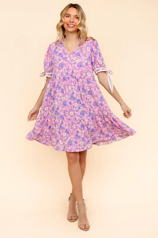 Knee Length Dress W/Bow Tie Short Sleeves Tunics Fashionable chic