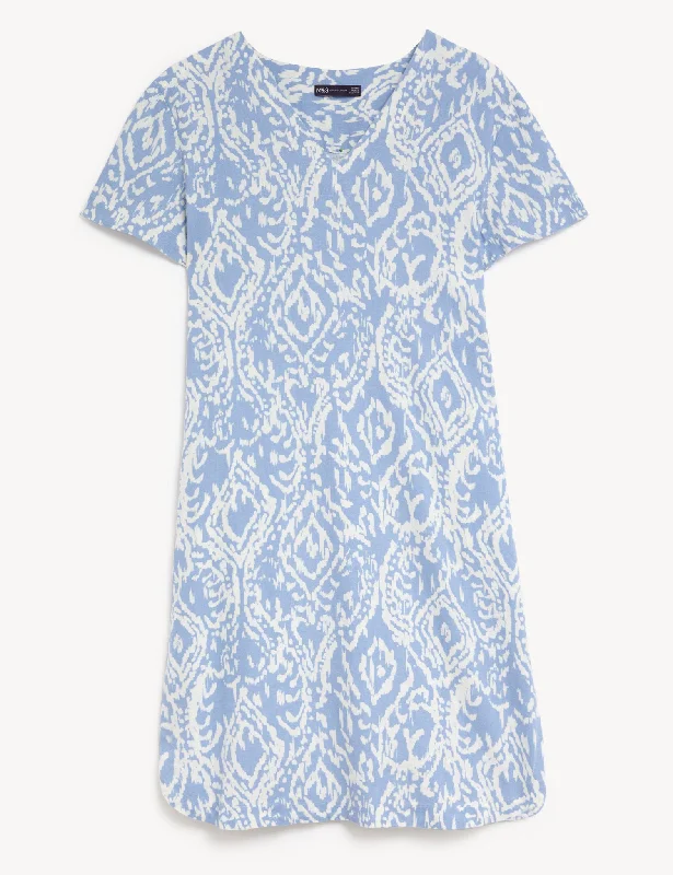 Linen Rich Printed V-Neck Midi Shift Dress Tunics Lace romantic