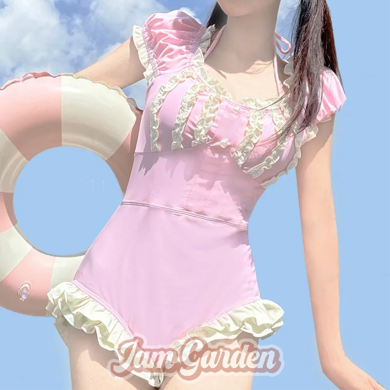 Soft Girl Lolita Short Sleeve Cute Swimsuit Elegant Halter Bikini