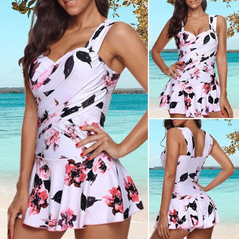 S-XL Women Tummy Control Swimwear Swimdress Square Neck Swim Dress Ruffles Swimsuit Floral Printed Beachwear Swimwear With Push Up Bra Padded Quick-Dry Tankini