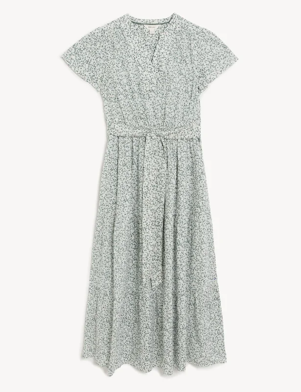 Pure Cotton Floral Notch Neck Midaxi Dress Tunics Long Elegant