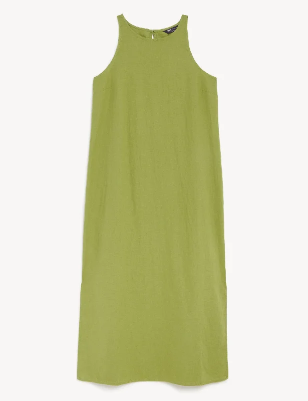 Linen Rich High Neck Midi Slip Dress Tunics Yoga stretchy