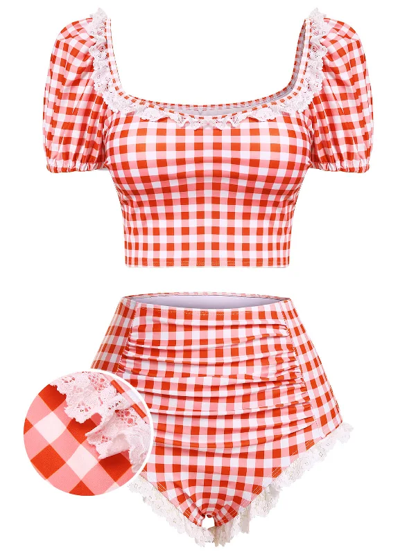2PCS 1960s Plaid Lace Patchwork Swimsuit Plunge Neckline Swimsuit
