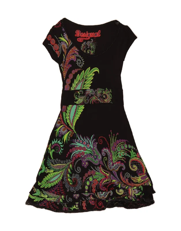 DESIGUAL Womens A-Line Dress UK 12 Medium Black Floral Tunics Satin smooth