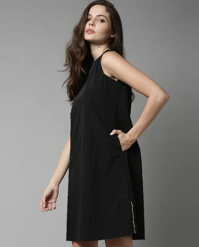 Rareism Women Bru Black Dress Sleeveless Solid Tunics Lace romantic