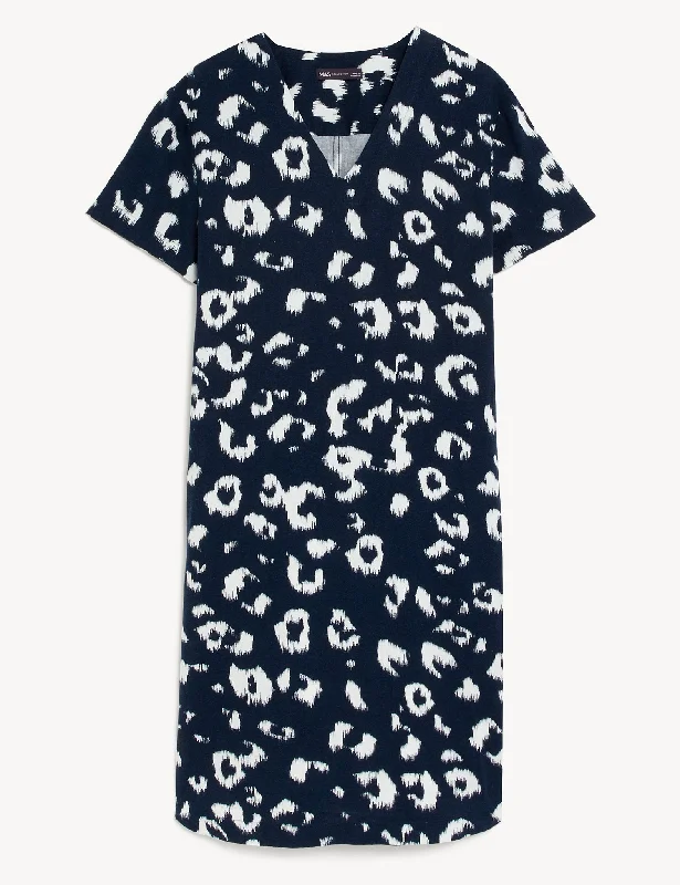 Linen Rich Printed V-Neck Midi Shift Dress Tunics Yoga stretchy