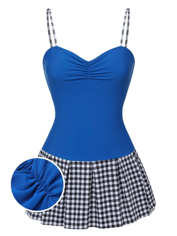 Blue 1960s Plaid Patchwork Strap Swimsuit Luxury Swimsuit Style
