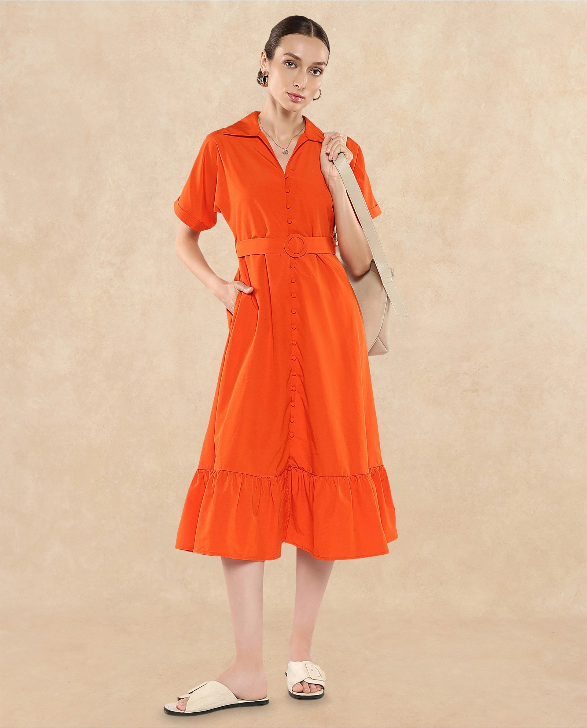 Rareism Women Capetow Rust Extended Sleeves Jonny Collar Button Closure A-Line Midi Plain Dress Tunics Short Trendy