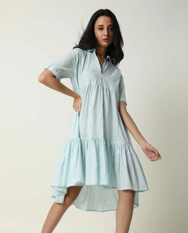 Rareism Women Loaf Light Turq Collared Neck Short Sleeves With Pocket Tiered Knee Length Dress Tunic Top Casual