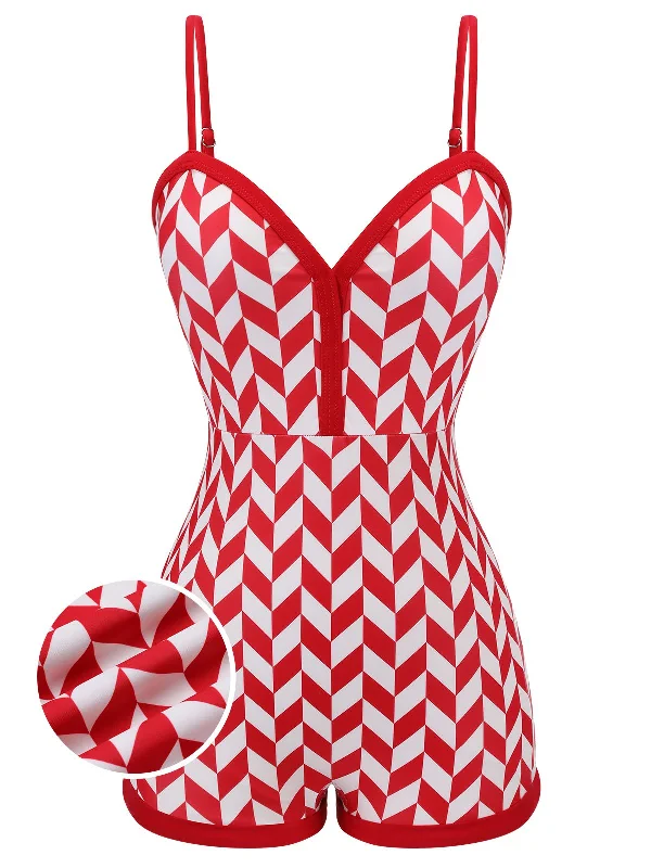 Red 1950s Diamond Plaid Heart Collar Swimsuit Strap Bikini Set