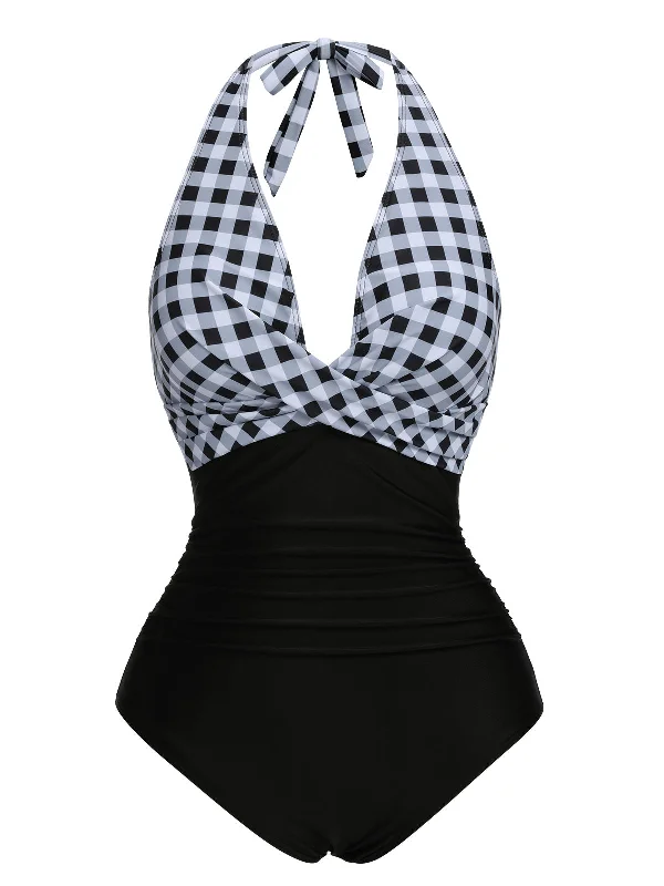 Black 1940s Halter Backless Plaids One-Piece Swimsuit Strapless Swimsuit Top
