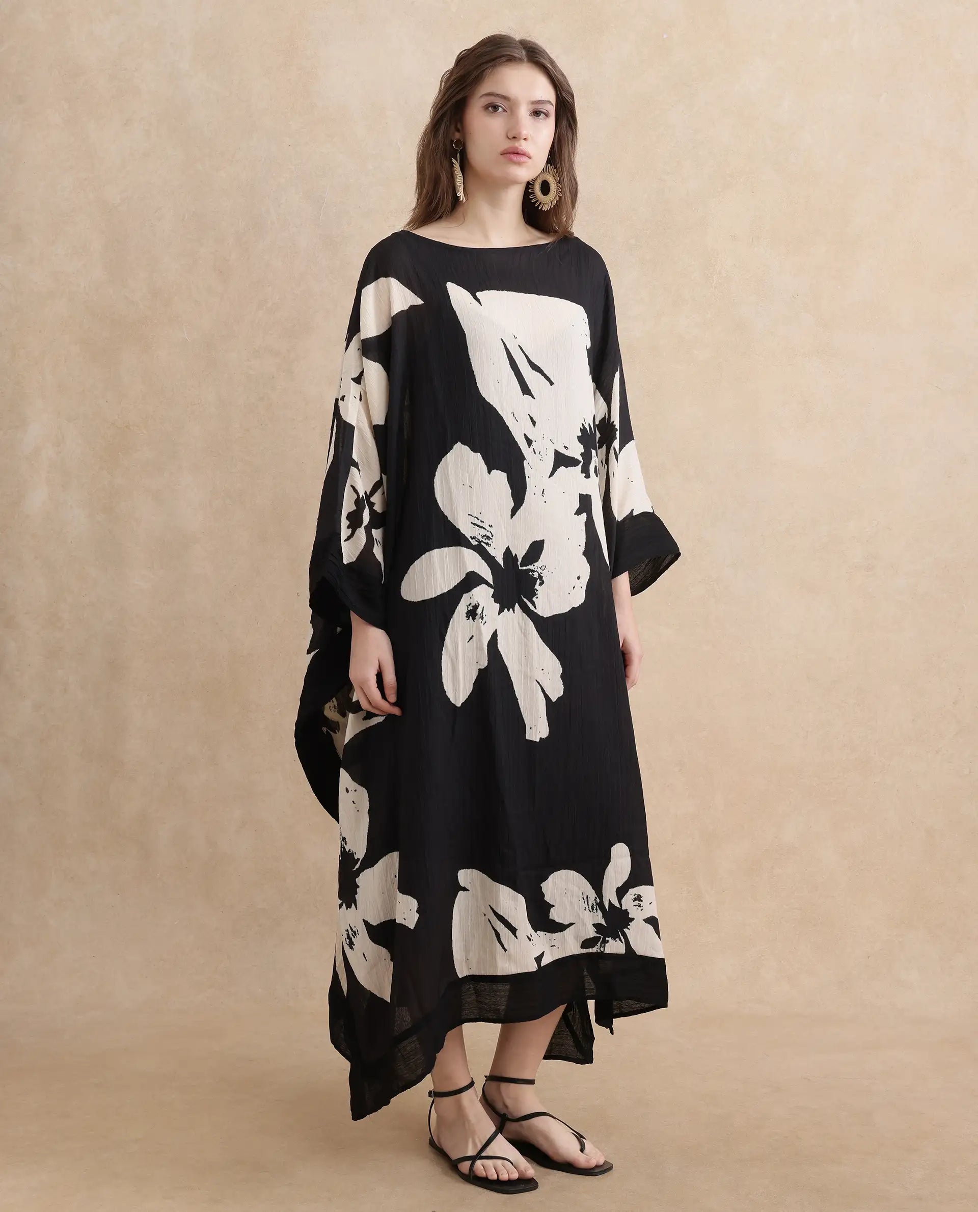 Rareism Women Janarea Black Polyester Fabric Kaftan Fit Boat Neck Kaftan Midi Abstract Print Dress Tunics Cozy soft