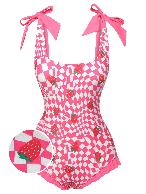 Pink 1960s Strawberry Plaid One-Piece Swimsuit Fun Pattern Swimsuit