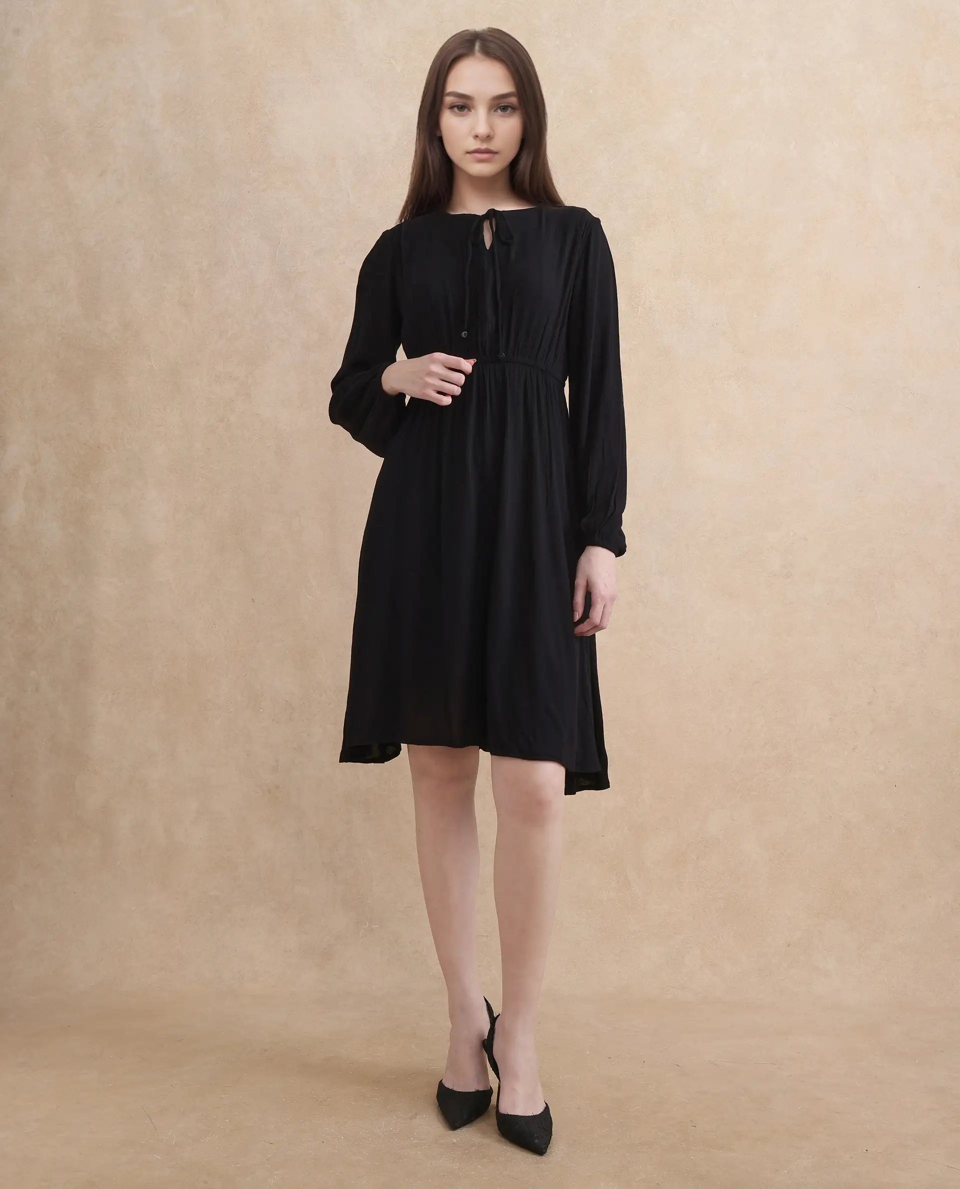 Rareism Women's Janog Black Cotton Fabric Tie-Up Neck Tie-Up Closure Bishop Sleeve Plain Fit And Flare Knee Length Dress Tunics Review highly
