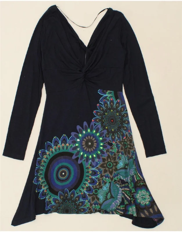 DESIGUAL Womens Graphic A-Line Dress UK 12 Medium Navy Blue Floral Tunics Ceremony elegant