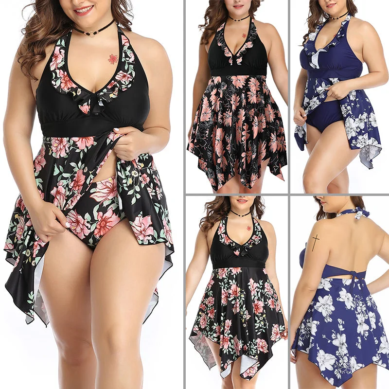 Women Plus Size Floral Swimdress Swimming Costumes Two Piece Swimwear Swimsuit for Ladies, Halterneck Bathing Suit Beachwear Push Up Padded Bra Backless Tummy Control Ruched Swimwear Set