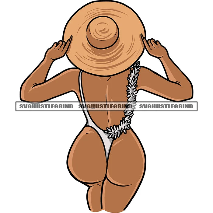 Afro Sexy Woman Standing And Wearing Hat Topless Girl On Beach Swimsuit Flower Chain Design Element White Background Sexy Pose Vector SVG JPG PNG Vector Clipart Cricut Silhouette Cut Cutting Halter Neck Swimsuit