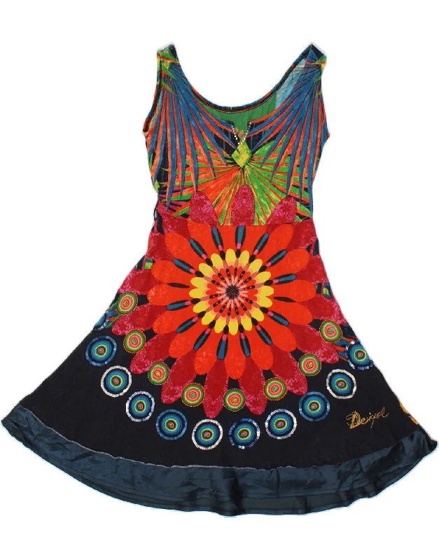 DESIGUAL Womens Graphic A-Line Dress UK 12 Medium Multicoloured Floral Boat Neckline Classic