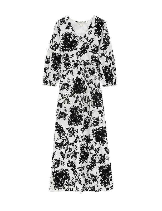 Linen Rich Floral V-Neck Maxi Tiered Dress Tunics Handmade artisanal