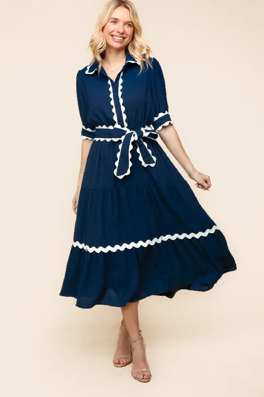 NAVY COLLARED BUTTON DOWN WOVEN DRESS W/ POCKETS Turtleneck Neckline Stylish