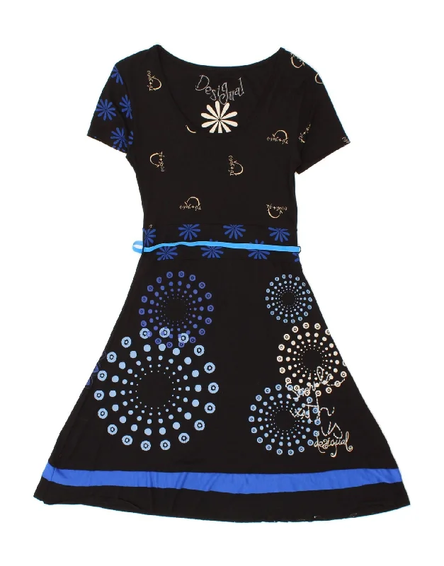 DESIGUAL Womens Short Sleeves A-Line Dress UK 6 XS Black Floral empire Waist empire