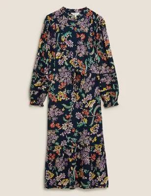 Floral High Neck Pintuck Midaxi Smock Dress Tunics Business professional