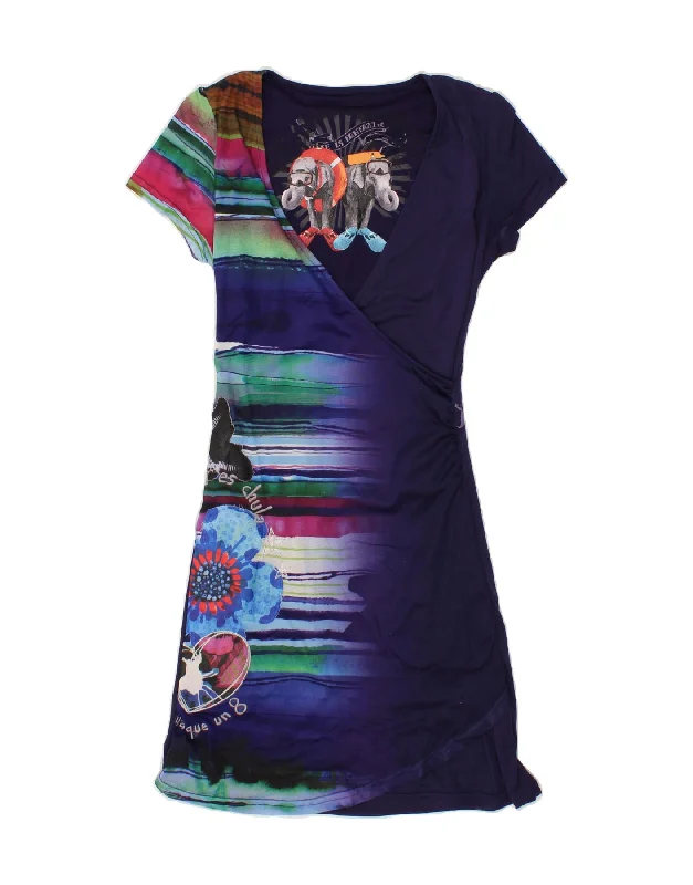 DESIGUAL Womens Graphic A-Line Dress UK 10 Small Navy Blue Floral Tunics Denim casual
