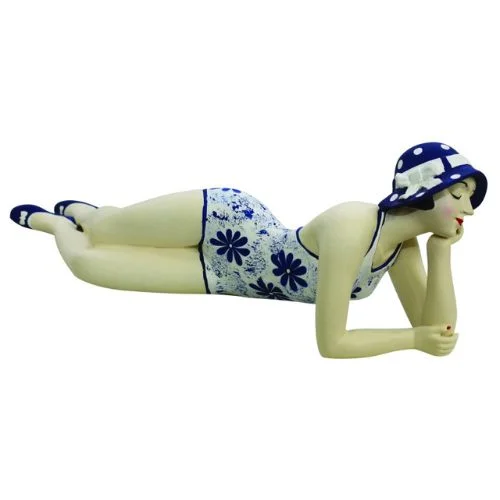 Bathing Beauty Figurine in White and Nautical Blue Floral Swimsuit - Medium Size Bather Statue Laying Down Beach Ready Swimsuit