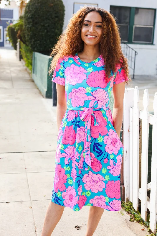 Plus Blue & Pink Floral Tie Waist Dress Tunics Sophisticated sleek