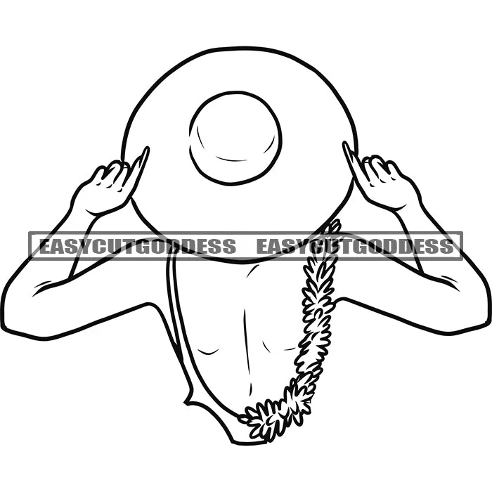 Black And White Afro Sexy Woman Wearing Hat Long Nail Artwork Topless Girl On Beach Swimsuit Flower Chain Design Element BW Sexy Pose Vector SVG JPG PNG Vector Clipart Cricut Silhouette Cut Cutting Chic Swimsuit Cover-Up