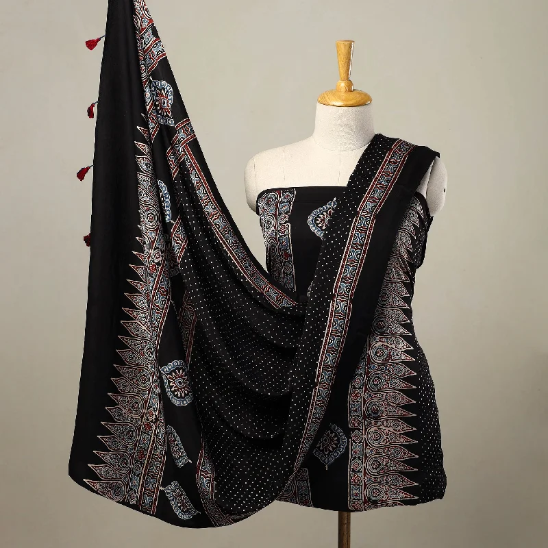 Black - 2pc Modal Silk Block Print Ajrakh Dress Material 05 Tunics Canvas sturdy