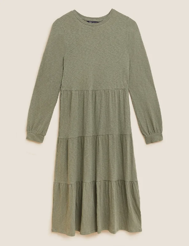 Cotton Jersey Midi Tiered Dress Tunics Travel practical