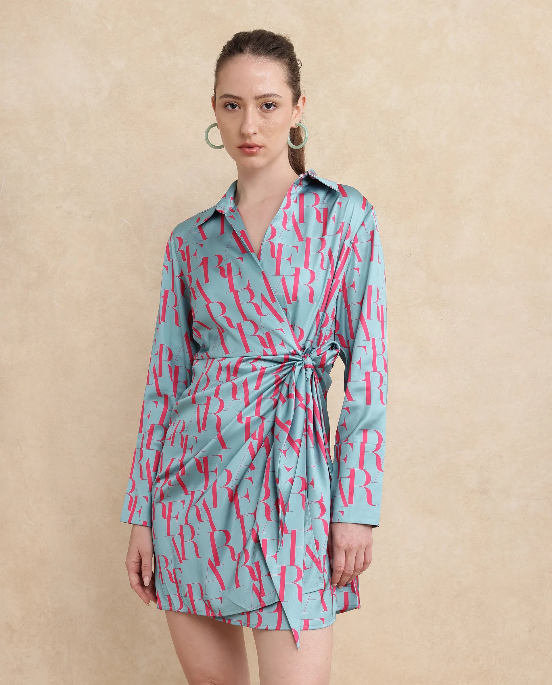 Rareism Women Utklala Green Polyester Fabric Cuffed Sleeve Overlap Neck Tie Up Closure Wrap Mini Monogram Print Dress A-Line Day Work
