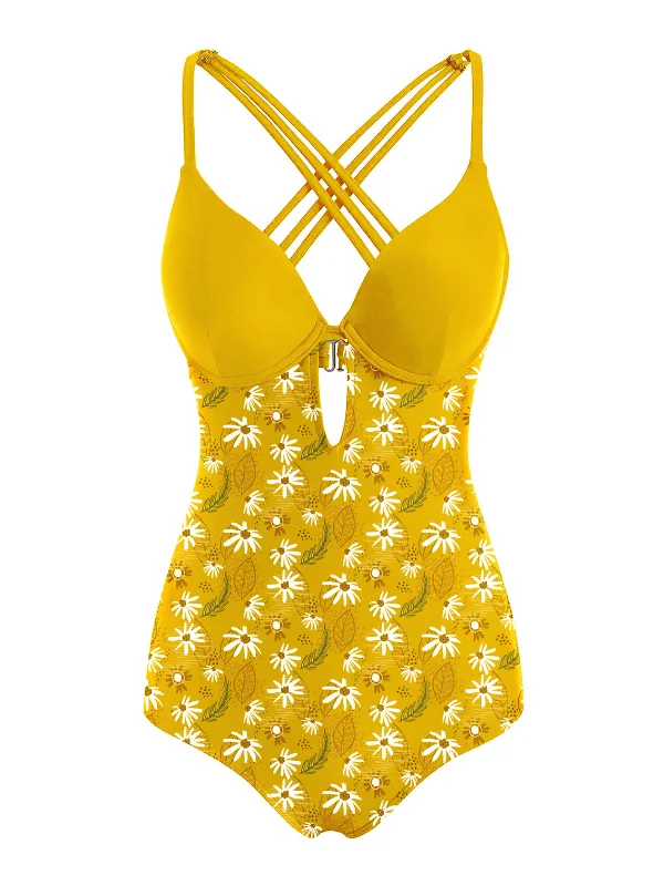 Yellow 1950s Daisy Patchwork Swimsuit Strappy Back Bikini