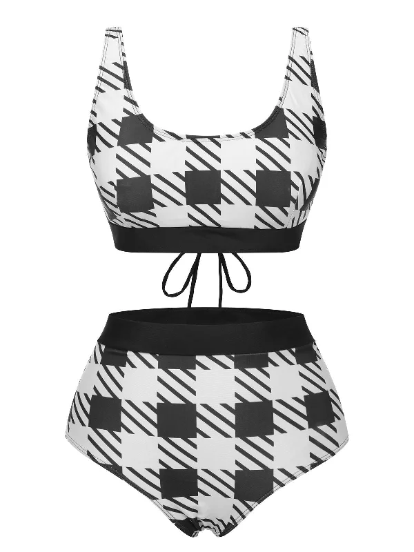 Black 1950s Plaid Wide Strap Swimsuit Beachy Ruffle Bikini