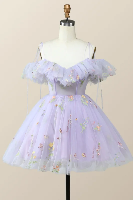 Straps Lavender Floral A-line Short Homecoming Dress Tunics Prom sequined