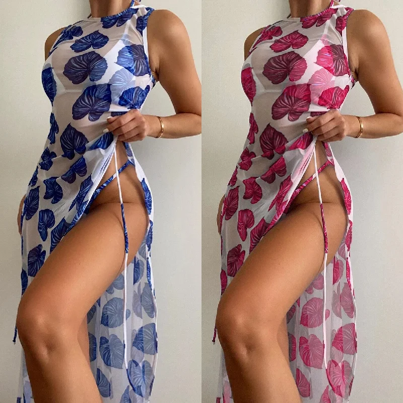 Swimsuit Women's Split Three-point Backless Print Mesh Three-piece Suit Solid Color Swimsuit